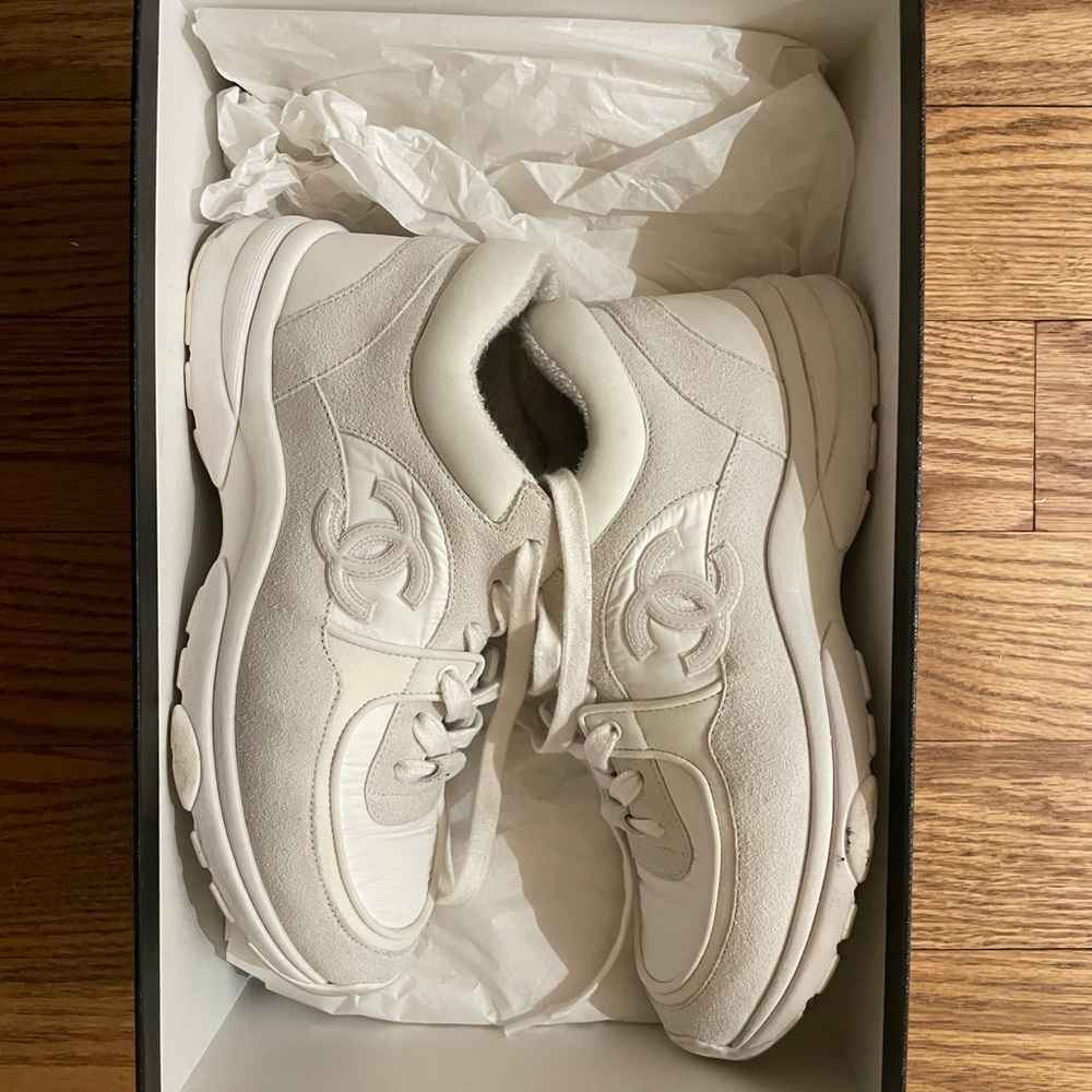 Chanel White Reflective CC Logo Sneakers